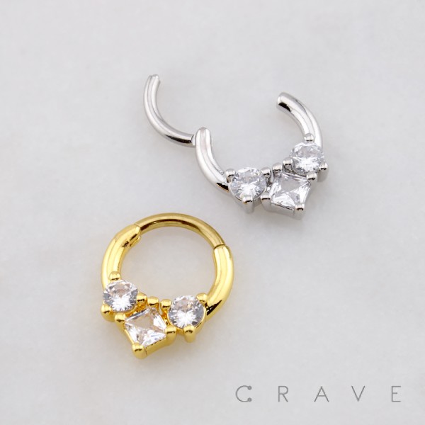 TRIPLE CZ PRINCESS CUT AND ROUND CUT 316L SURGICAL STEEL DAITH SEPTUM HINGED SEGMENT RING